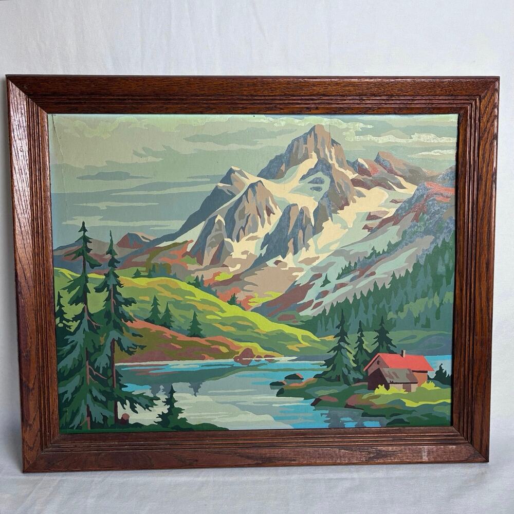 Vintage Paint By Number Painting Framed Mountain Lake Cabin Landscape Art 23x19